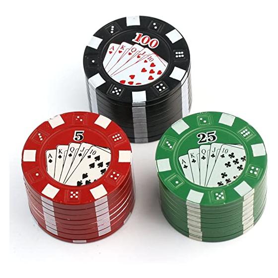 Grinder Poker Chip, 3-Part mit Sieb, Pyramiden Zacken, Gr&uuml;n, Rot, Schwarz, &Oslash;:45mm